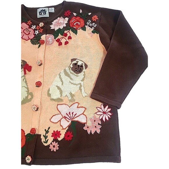 1X Pug Puppy Storybook Knits Sweater Brown Peach Flower Buttons 3D Cruelle Dog - Picture 2 of 16